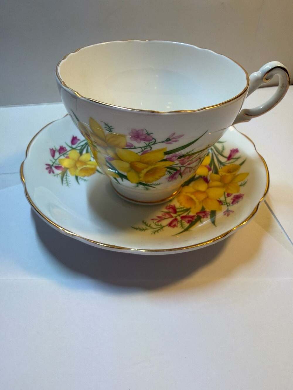 Vintage Regency Bone China Daffodil Tea Cup and Saucer Set Gold Trim Made in Eng